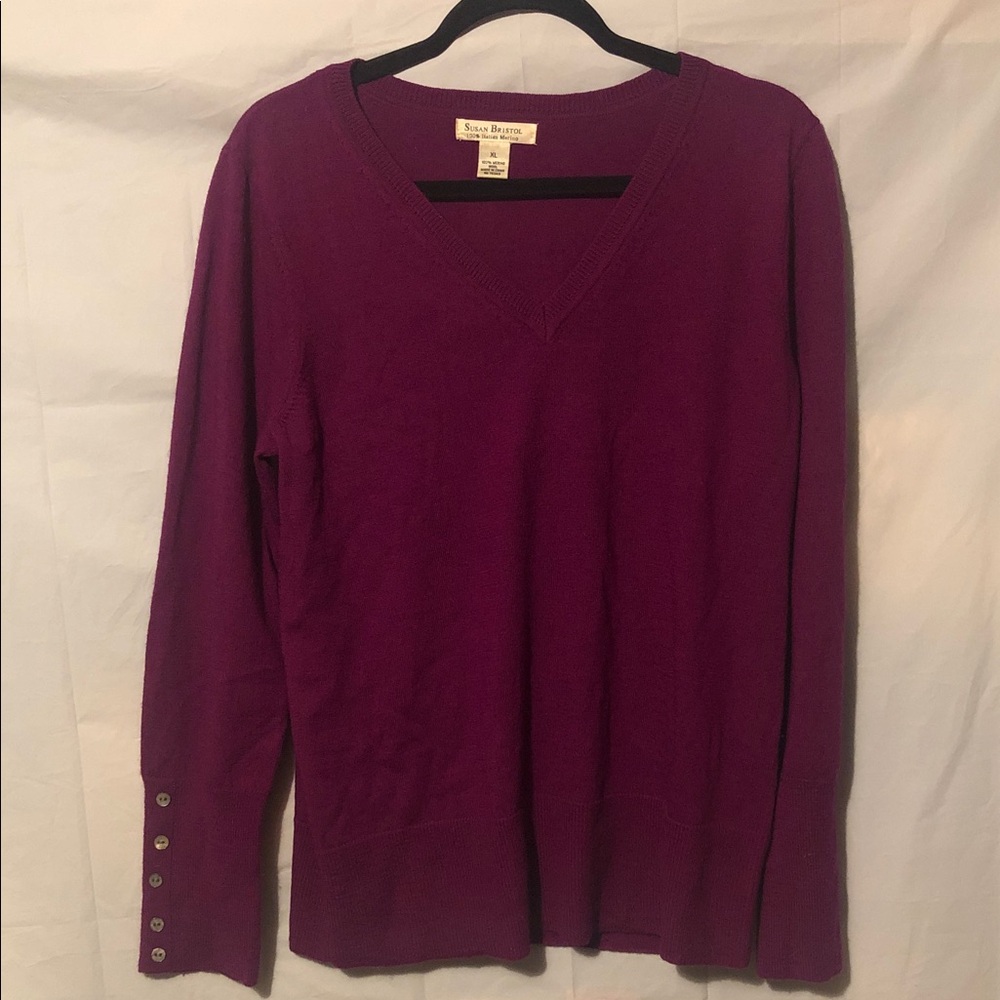 Susan Bristol Magenta V-Neck Italian Merino Wool Women's Sweater